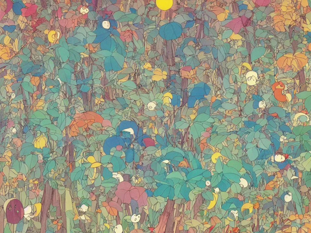 Image similar to colorful blueprint sideview of a fairytale forest, illustration, concept art, autumn light, colorful, beautiful, studio ghibli, hayao miyazaki, takashi murakami, alfons mucha, manga, cute and adorable