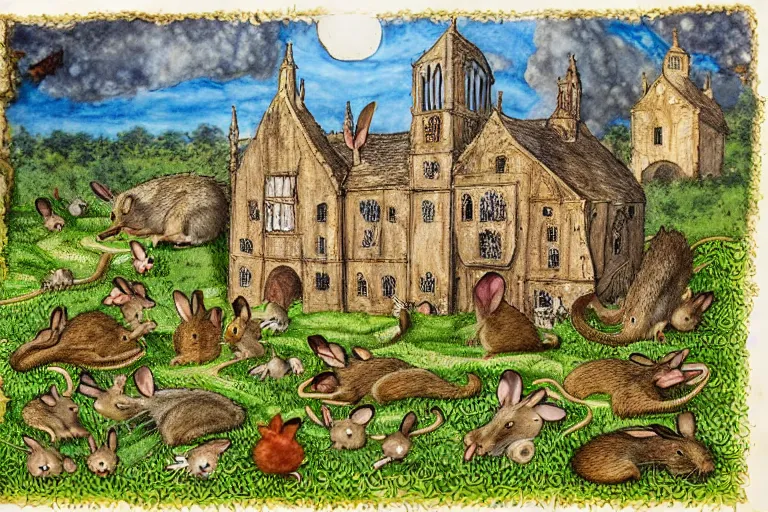 Image similar to an elaborate and dense painting of redwall abbey in mossflower wood with lots of mice and rabbits and otters walking around, detailed, made of alcohol ink on parchment and penned illustrations, by brian jacques