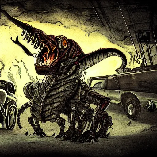 Prompt: illustration of the deathclaw monster inside the car