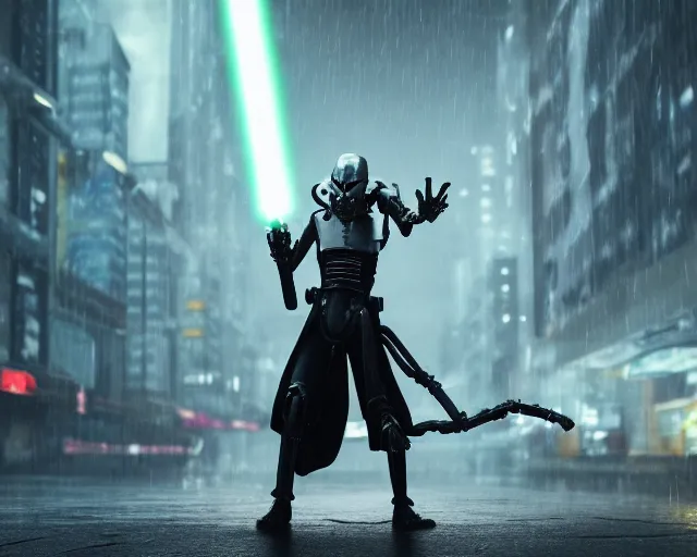 Image similar to photo of the iconic scene where general grievous with 4 arms holding 4 activated lightsabers in the rain. cyberpunk horror style. highly detailed 8 k. intricate. nikon d 8 5 0 5 5 mm. award winning photography.