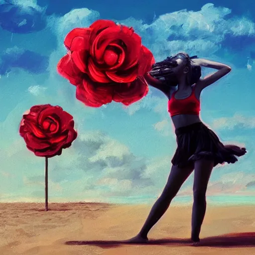 Image similar to portrait, giant rose flower head, girl dancing at the beach, surreal photography, sunrise, blue sky, dramatic light, impressionist painting, digital painting, artstation, simon stalenhag