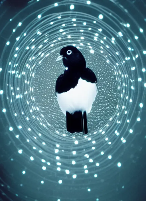 Image similar to realistic photo portrait of common bird with white feathers many cords leds and detailed wires, spherical black helmets, in a big pool filled with mercury, the sky is grey, 2 0 0 0, life magazine photo,