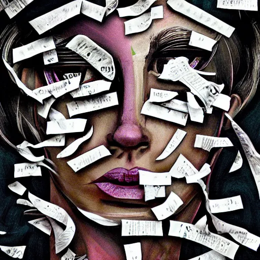 Prompt: face shredded like paper news, dark, surreal, illustration, by ally burke