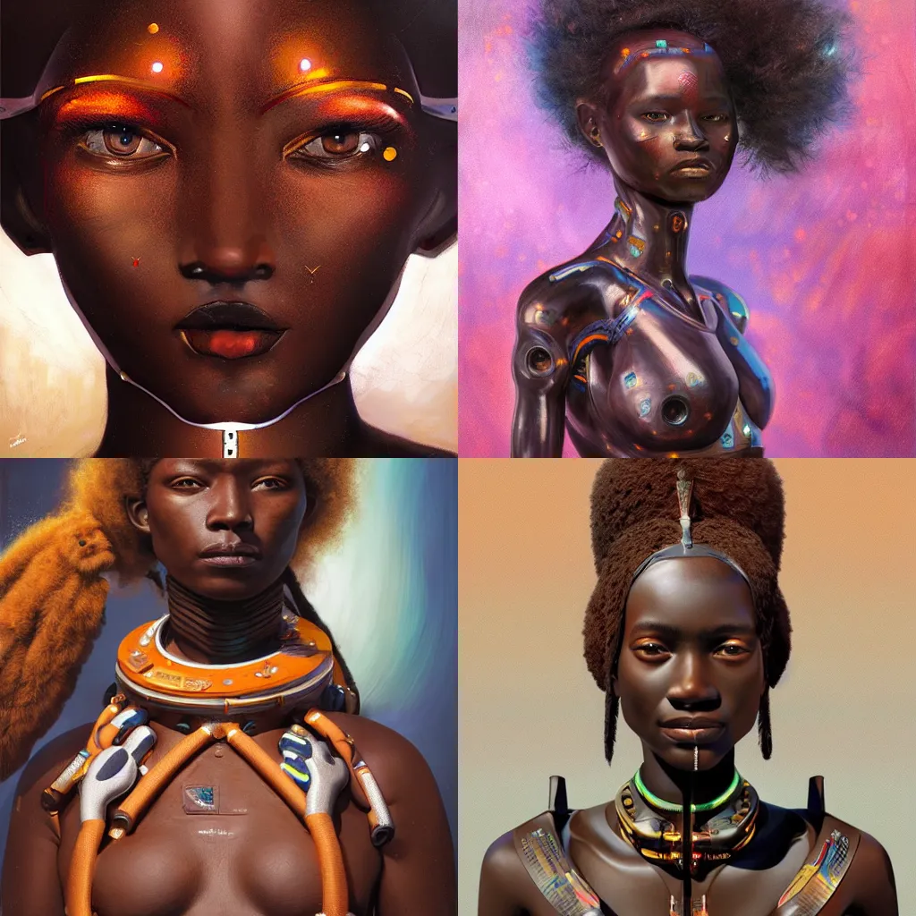 Prompt: beautiful afrofuturistic himba woman, otjize, glowing spacesuit, robotic arms, weightless in space, hyperrealistic, scifi, concept art, oil painting, portrait, dark, muted colors