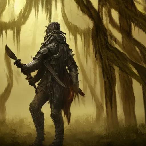 Prompt: concept art of a ragged looking knight walking through a swamp, foggy, weeping trees, torch in hand, high detail, trending on artstation, masterpiece, fantasy, high resolution, focus