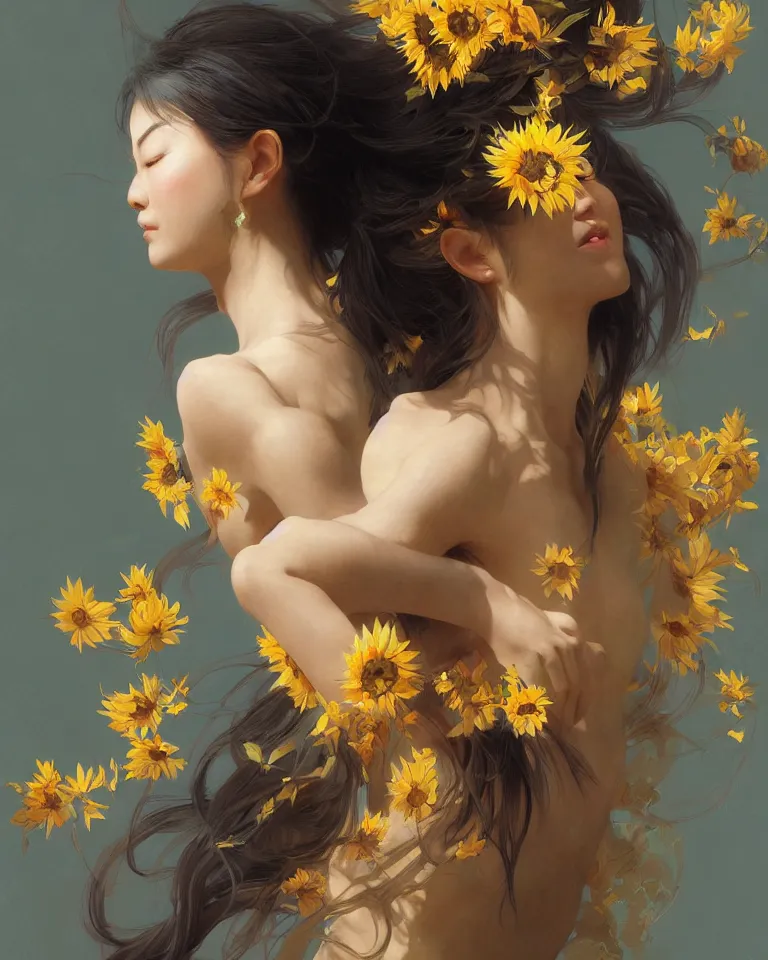 Prompt: character concept portrait of the sunflower goddess, an beautiful east-asian deity that channels sunlight and brings joy, intricate, elegant, digital painting, concept art, smooth, sharp focus, illustration, from Metal Gear, by Ruan Jia and Mandy Jurgens and William-Adolphe Bouguereau, Artgerm