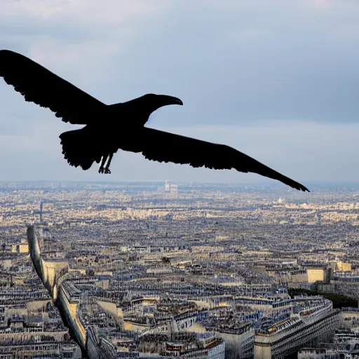 Prompt: Giant crow flying over paris, photography, 4K, night