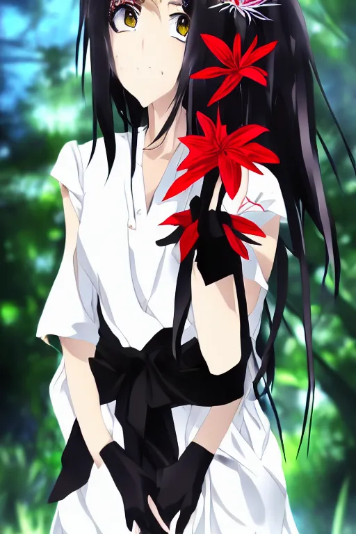 Image similar to Key anime visual of a beautiful girl with black hair and red eyes holding a spider lily; wearing white blouse with black tie; trending on Pixiv; digital art