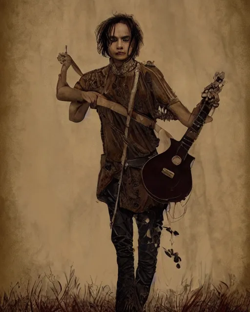 Prompt: Frank Dillane wearing leather and leaves and carrying a guitar axe full body portrait, seductive, sexy, leaves, intricate, digital painting, old english, sepia, whimsical background by marc simonetti, artwork by liam wong