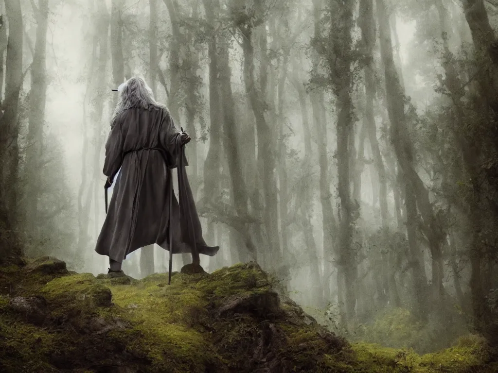 Image similar to Gandalf the Grey travelling in the forest, neo-romanticism