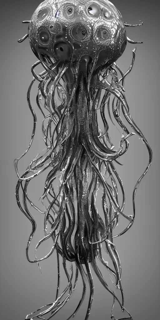 Prompt: a photorealistic render of a metallic neotribal jellyfish, greyscale, made of melted plastic and marble, c 4 d, by zhelong xu and ernst haeckel, wide angle, hyper realistic, plain black background, 8 k, volumetric lightning, octane render