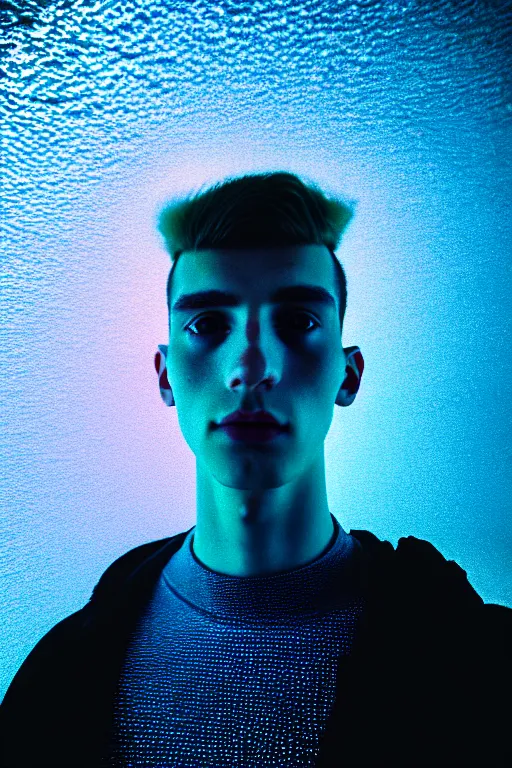 Prompt: high quality pastel coloured film mid angle selfie photograph of a beautiful young 2 0 year old male, soft features, black hair, wearing reflective padded clothing standing in an icelandic black rock environment. atmospheric. three point light. photographic. art directed. ( pastel colours ). volumetric light. sheen. waves glitch. 8 k. filmic.