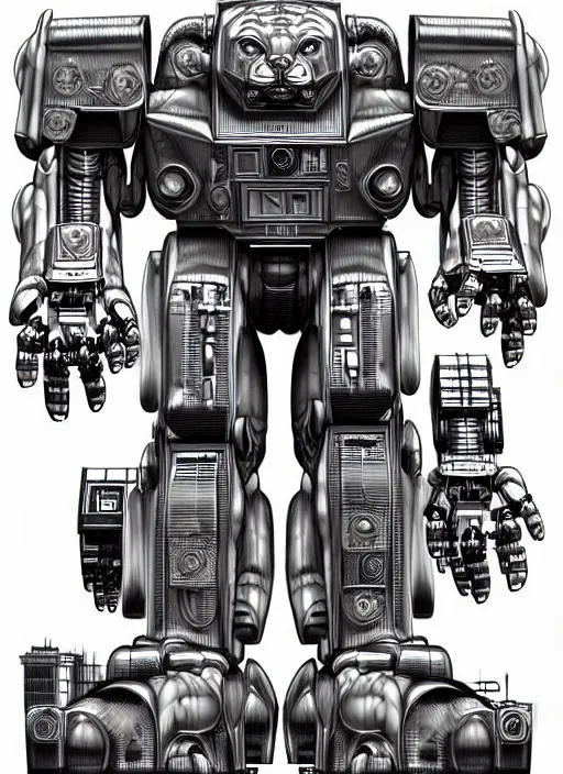 Image similar to very technical and detailed blueprint of a robot humanoid tiger, feline furry droid, center frame, side view intricate details, ultra - detailed, baroque style, illustration, desaturated, concept art, in the style of battletech, zoids, voltron