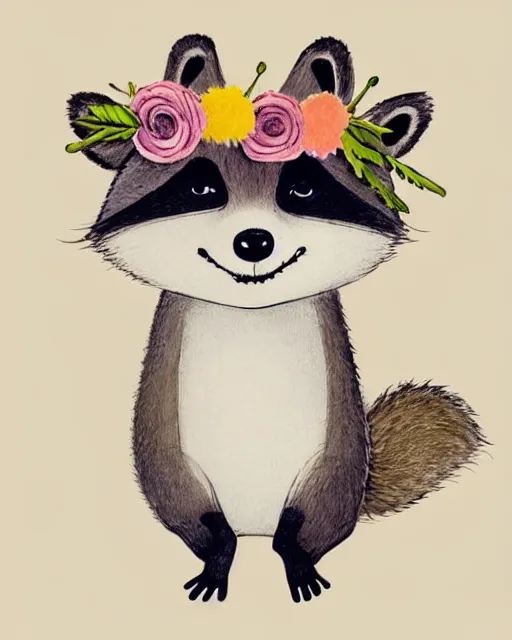 Prompt: a minimalist storybook illustration of a smiling happy cute raccoon wearing a flower crown, by antoine de saint - exupery and annabel kidston and naomi okubo and jean - baptiste monge. a child storybook illustration, muted colors, soft colors, low saturation, fine lines, white paper