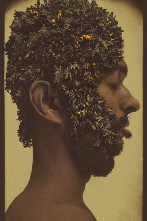 Image similar to a black man's face in profile, no beard, long curly hair, made of flowers and fruit, in the style of the Dutch masters and Gregory crewdson, dark and moody