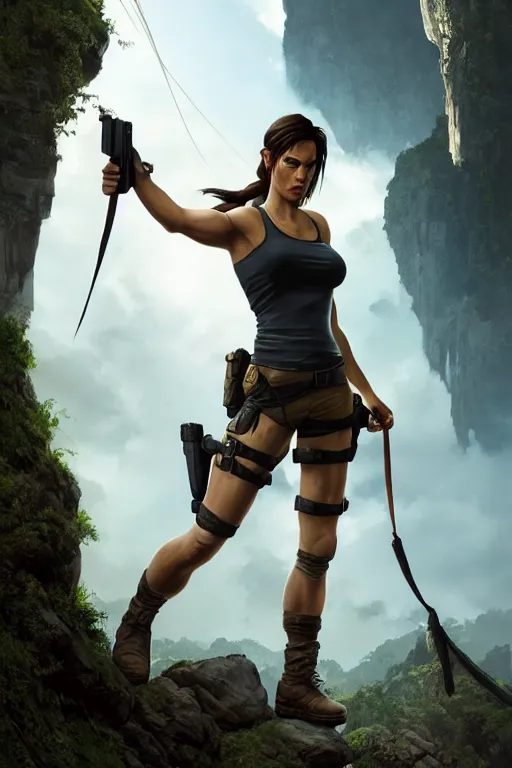 Image similar to Lara Croft, wide angle, super highly detailed, professional digital painting, artstation, concept art, smooth, sharp focus, no blur, no dof, extreme illustration, Unreal Engine 5, Photorealism, HD quality, 8k resolution, cinema 4d, 3D, beautiful, cinematic, art by artgerm and greg rutkowski and alphonse mucha and loish and WLOP