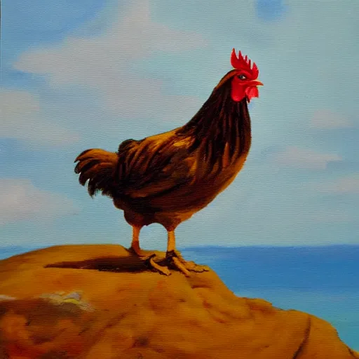 Image similar to oil painting of a chicken on the edge of a cliff