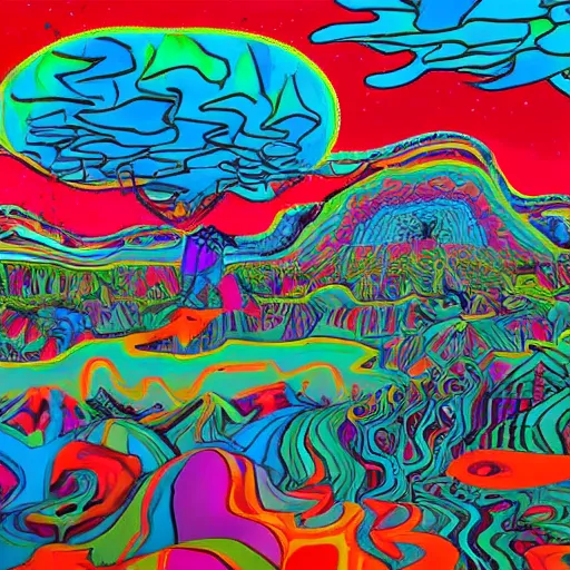 Image similar to crazy psychedelic landscape full of ghosts, utopia