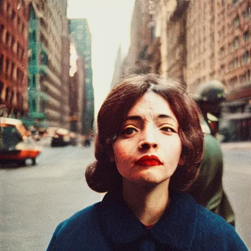 Prompt: medium format portrait of a woman in new york by street photographer, 1 9 6 0 s, stunning portrait featured on unsplash, photographed on colour expired film