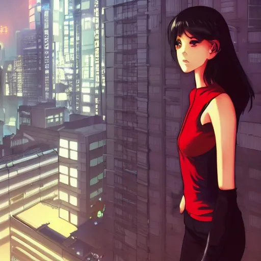 Image similar to a girl stands on top of a multi-storey building, anime style, 4k, cyberpunk city in the background, very detailed, by Ilya Kuvshinov