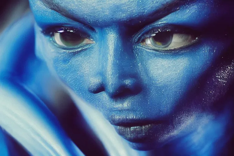 Image similar to vfx movie scene closeup portrait of beautiful blue body paint fit alien gorgeous man dancing in sleek futuristic decadent spaceship pillars, alien antenna, futuristic ballroom. big eyes, soft skin, giant windows view of earth obit. by emmanuel lubezki