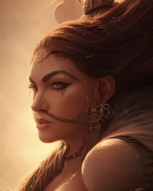 Image similar to A thick beautiful female warrior posing on a boat, well-shaped, beautiful face, close-up, fantasy woman, fantasy art, in the style of greg rutkowski, illustration, epic, fantasy, intricate, hyper detailed, artstation, concept art, smooth, sharp focus, ray tracing, profile shot