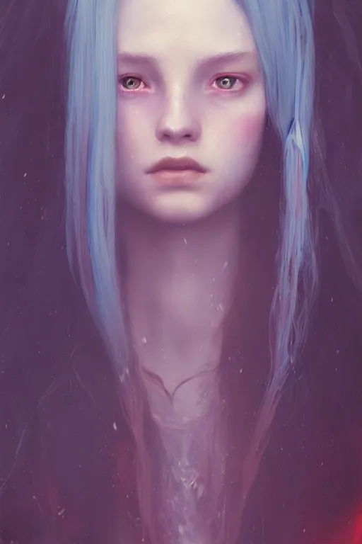 Image similar to a fancy portrait of a beautiful young girl with long blue hair and red eyes by greg rutkowski, sung choi, mitchell mohrhauser, maciej kuciara, johnson ting, maxim verehin, peter konig, bloodborne, 8 k photorealistic, cinematic lighting, hd, high details, dramatic, dark atmosphere, trending on artstation