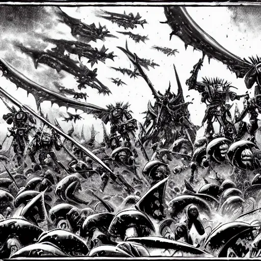 Prompt: Battle of the Imperial Guard on the planet against the Tyranids, Warhammer 40,000, Drawing in a dark Gothic style, super quality, Artist - Phil Moss