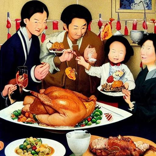 Prompt: normal rockwell's thanksgiving dinner illustration with japanese food. normal rockwell style. illustration. high quality.