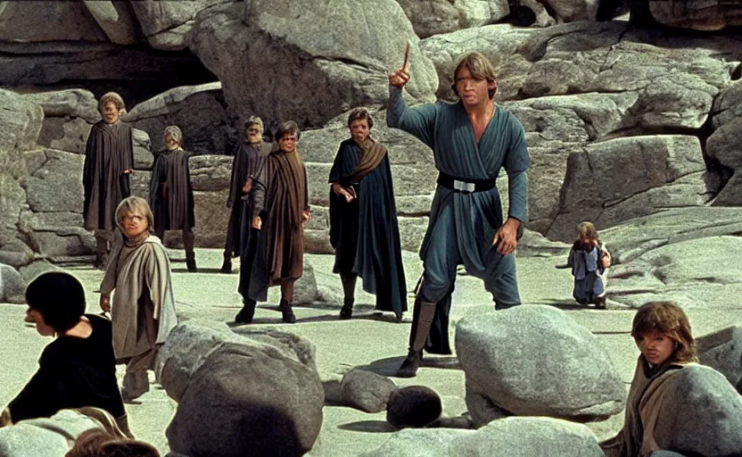 Prompt: screenshot of Luke Skywalker teaching a class of young padawans outside a rocky Jedi Temple scene from The Force Awakens, 1970s film by Stanley Kubrick, serene, iconic scene, Mark Hammil portrait, stunning cinematography, hyper-detailed, sharp, anamorphic lenses, kodak color film, 4k