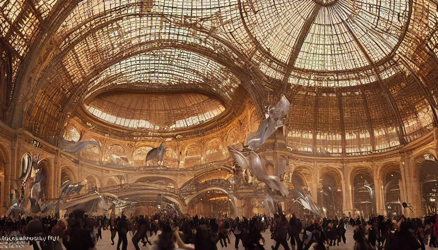 Image similar to victoria secret parade in the galeries nationales du grand palais in paris, light, shadows, reflections, flowers, epic composition, intricate, elegant, volumetric lighting, 4 k resolution, octane render, unreal engine, ultradetailed, photorealistic, ultrarealism, trending on artstationconcept art, ruan jia & steve mccurry & peter mohrbacher