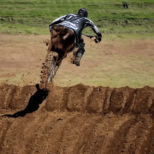 Image similar to a cow on a motocross jump