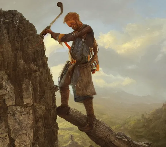 Image similar to landscape portrait of tyler childers working on a building out of hand hewn brimstone, all alone by william sidney mount, trending on artstation