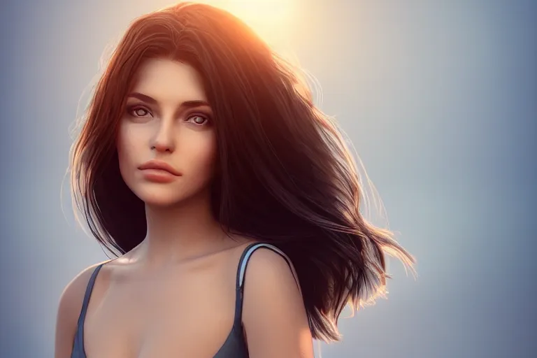 Image similar to hyperrealistic portrait of stunningly beautiful brunette girl in a morning light, trending on artstation,ultrawide angle, f8, polarizer , unreal engine