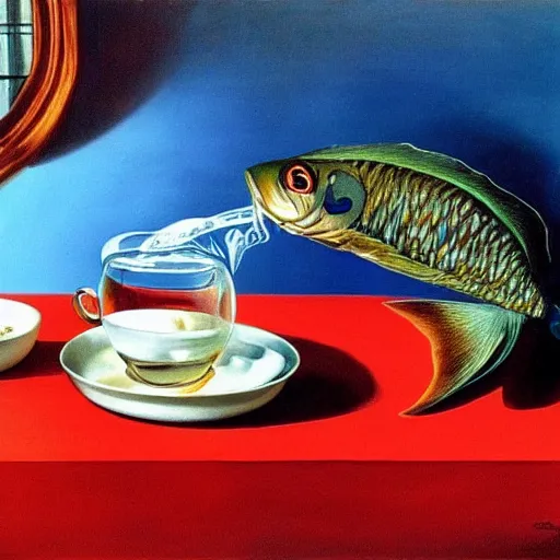 Prompt: a real fish is drinking from a cup of tea, photorealism, by salvador dali