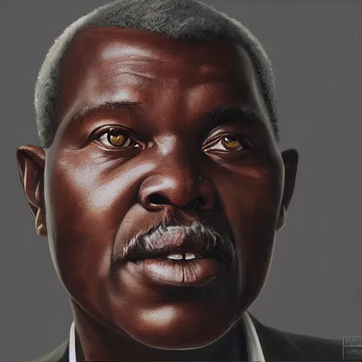 Image similar to a painting of a round face, XXL Loving, caring, generous, ever-present, humble, wise elder from Kenya in a suit by Kehinde Wiley . Fatherly/daddy, focused, loving, leader, relaxed,. ethereal lights, details, smooth, sharp focus, illustration, realistic, cinematic, artstation, award winning, rgb , unreal engine, octane render, cinematic light, macro, depth of field, blur, red light and clouds from the back, highly detailed epic cinematic concept art CG render made in Maya, Blender and Photoshop, octane render, excellent composition, dynamic dramatic cinematic lighting, aesthetic, very inspirational, arthouse.