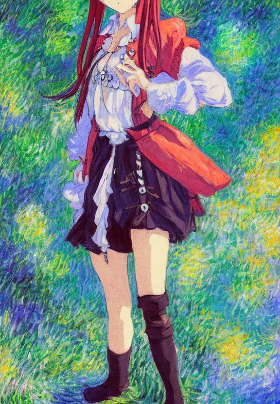 Prompt: wide angle painting of a teenage pirate girl, a thrifty uniform, somewhat of an anime in impressionist style, fantasy forest background, trending artwork, illustrated in anime painter studio, by claude monet and an anime artist, collaboration