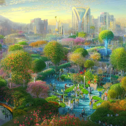 Prompt: Wide-angle shot of a sustainable city composed of hyper-detailed glass buildings with glowing lights and internal gardens. Blue sky and whispy clouds; groves of autumn trees. Thomas Cole, Thomas Kinkade, Miyazaki, Owakita. award-winning, hyper detailed concept art. Optimistic, joyful, whimsical.