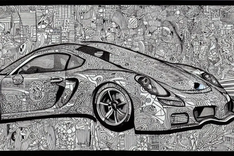 Prompt: a black and white drawing of a porsche cayman gt 4 rs, a detailed mixed media collage by hiroki tsukuda and eduardo paolozzi and moebius, intricate linework, sketchbook psychedelic doodle comic drawing, geometric, street art, polycount, deconstructivism, matte drawing, academic art, constructivism, no color