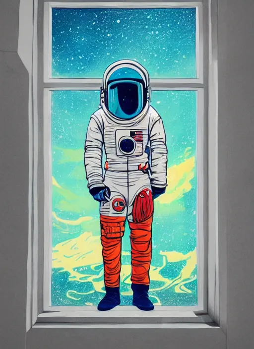 Prompt: seen through a window, futuristic astronaut floating in space, james jean artwork, colourful