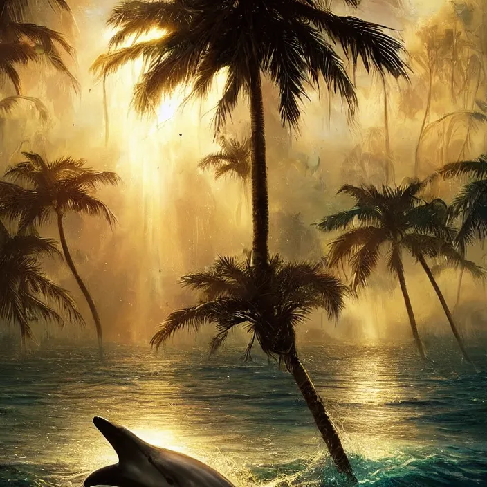 Image similar to dolphins swimming, golden hour, god rays, by artgerm and ruan jia and ismail inceoglu and greg olsen, palm trees, cosmos, milky way galaxy, masterpiece, beautiful, intricate, elegant, highly detailed