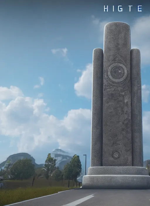 Image similar to highly detailed photo of a high tech futuristic tall stele standing on the road ring made in unreal engine 4