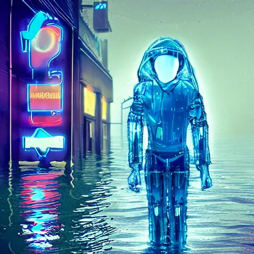 Prompt: a humanoid robot wearing a torn transparent plastic cloak walking the flooded streets of an abandoned futuristic city with neon signs,