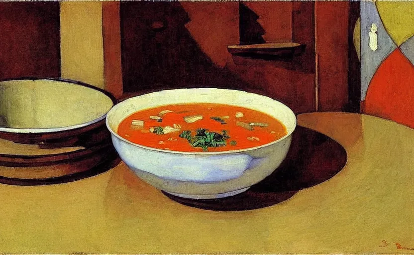 Prompt: a bowl of soup, by ricardo bofill, by stanhope forbes, by david bomberg, painting