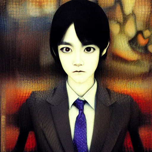 Image similar to yoshitaka amano blurred and dreamy realistic three quarter angle portrait of a young woman with short hair and black eyes wearing office suit with tie, junji ito abstract patterns in the background, satoshi kon anime, noisy film grain effect, highly detailed, renaissance oil painting, weird portrait angle, blurred lost edges