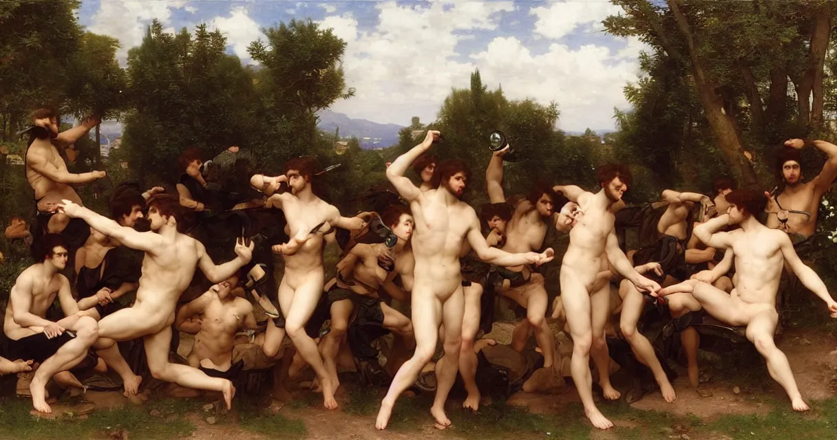 Image similar to large group of pre-Raphaelite muscular athletic male gamers wearing headsets and playing video-games on laptops playstation5 x-box and PC by Bouguereau and raphael