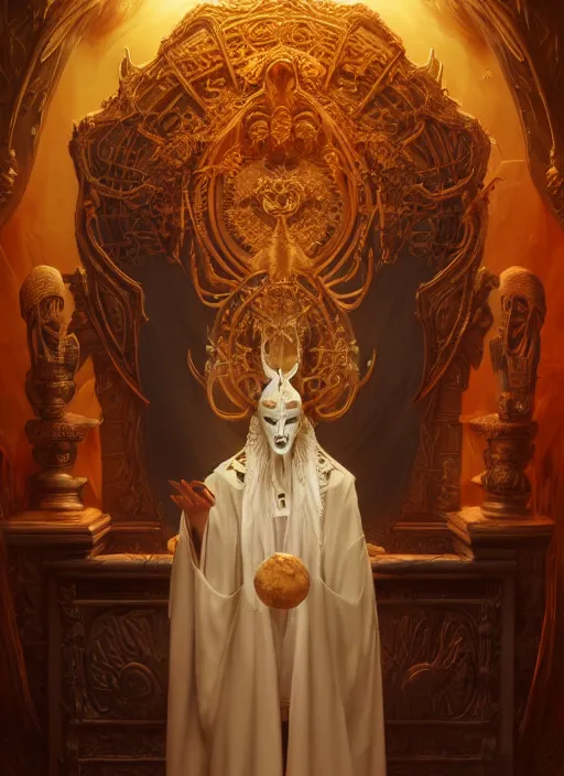 Image similar to slender high priest in a dark ornate robe, with a carved ivory mask, subsurface scattering, by jesper ejsing, justin gerard, tomasz alen kopera, cgsociety and fenghua zhong, highly detailed, rim light, cinematic lighting, illustration, art, octane render, very coherent, cinematic, high detail, octane render, 8 k