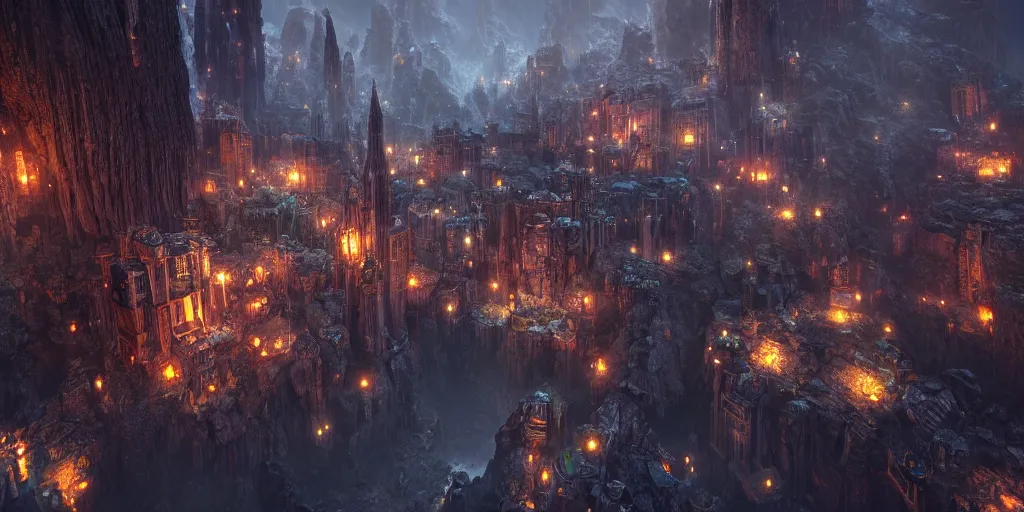 Image similar to A shining dwarven city in a dark, rainy and gloomy cavern, fantasy digital art, octane render, beautiful composition, trending on artstation, award-winning photograph, masterpiece