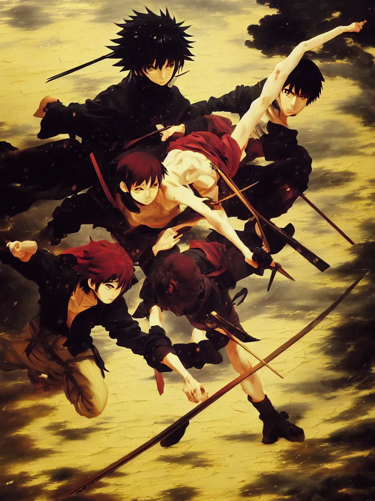 Image similar to baroque oil painting of key visual ninja duel, rain, rule of thirds golden ratio, fake detail, trending pixiv fanbox, acrylic palette knife, style of makoto shinkai takashi takeuchi yoshiyuki sadamoto greg rutkowski