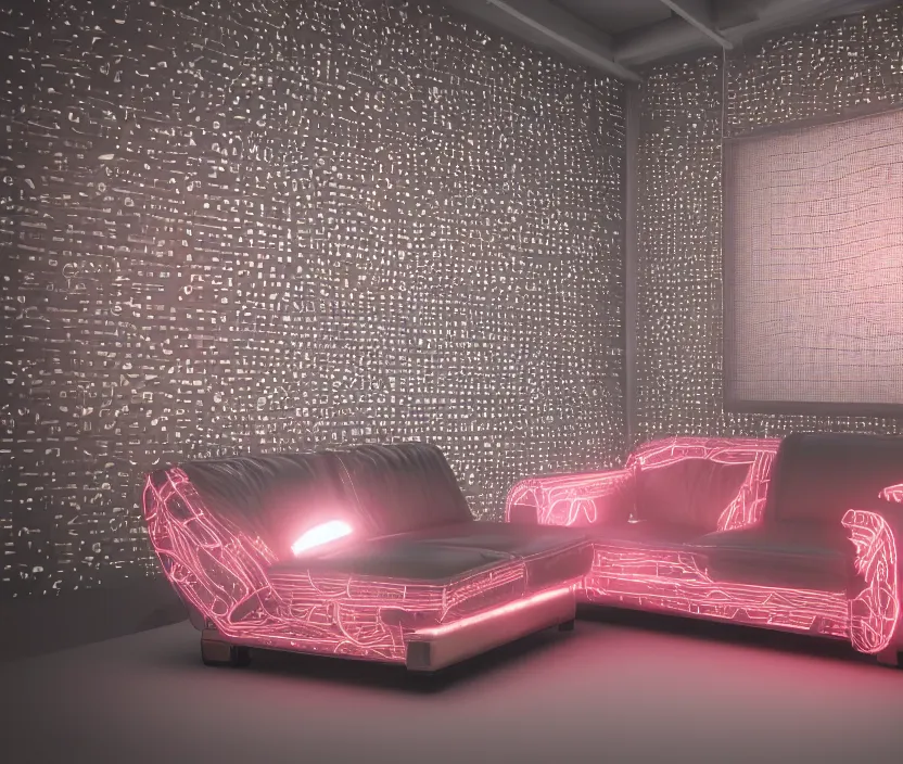 Image similar to japanese model cybernetic sofa with digital led texture, back neon lighting, techno projectors, promotional magazine photograph, intricate details, ultra realistic, unreal engine 5, depth of field, bokeh, octane render